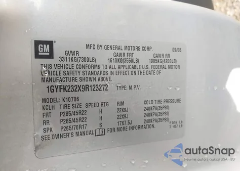 2009 Cadillac Escalade Standard z USA, uszkodzony, nr VIN 1GYFK232X9R123272